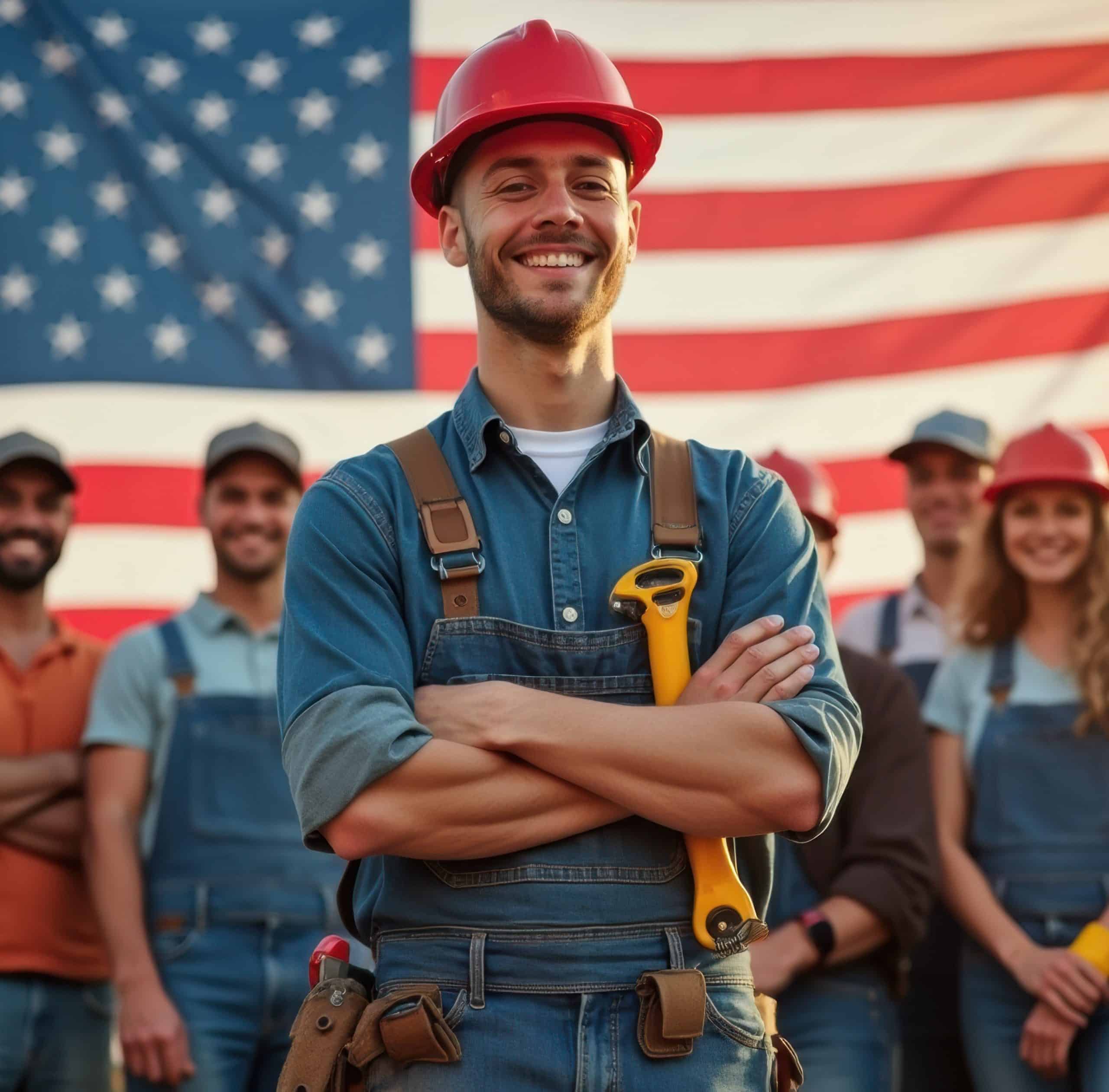 A diverse group of workers celebrating Labor Day outdoors with tools, standing in front of an American flag backdrop, showcasing a patriotic and festive mood.